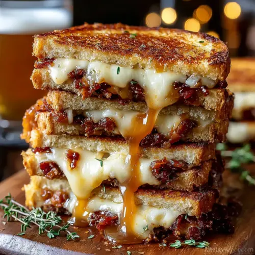 Delicious Hot Honey Apple Cheddar Beef Bacon Grilled Cheese sandwich on a wooden board