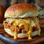 Delicious Cajun Chicken Sloppy Joes topped with creamy cheese sauce.