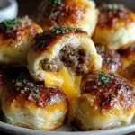 Cheeseburger Bombs with a golden brown crust and a garlic parmesan topping.