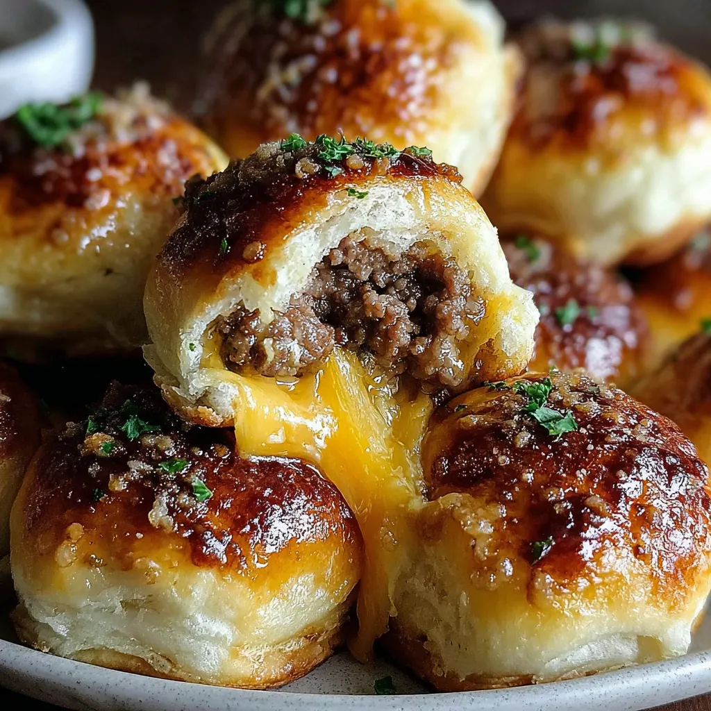 Cheeseburger Bombs with a golden brown crust and a garlic parmesan topping.