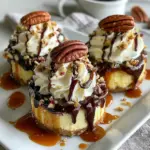 Delicious No Bake Turtle Mini Cheesecakes topped with caramel and chocolate syrup