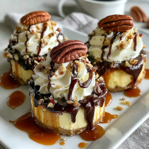 Delicious No Bake Turtle Mini Cheesecakes topped with caramel and chocolate syrup