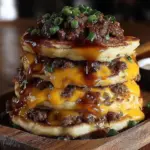A delicious stack of Smash Burger Pancakes Fusion, showcasing the perfect blend of savory and sweet.