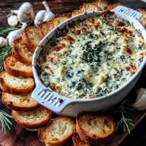 Deliciously creamy spinach artichoke dip served in a baking dish